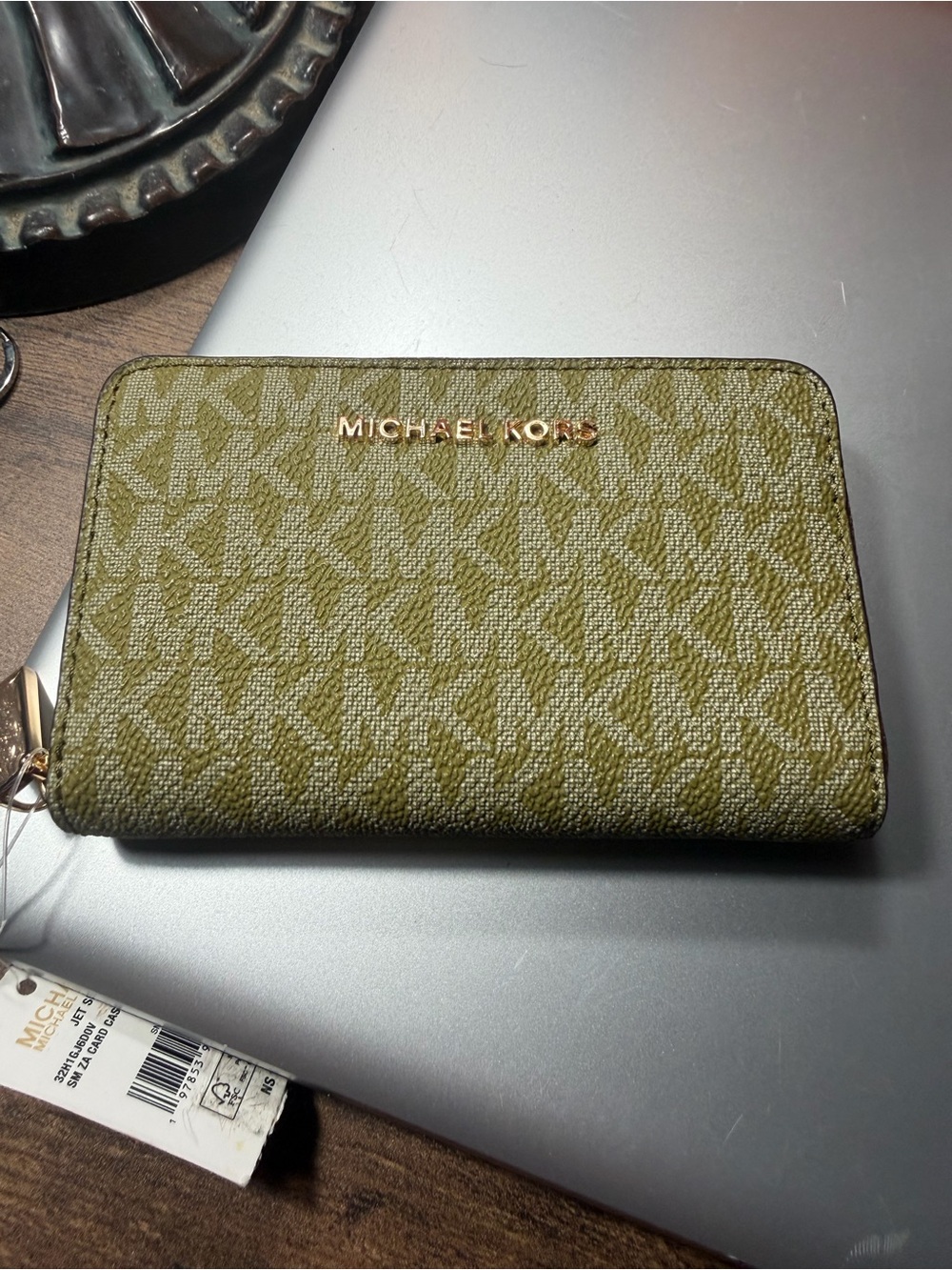 Michael Kors Olive MK Signature Zip Wallet with Gold-Tone Logo